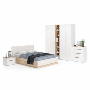 Мебель в спальню Муссон № 5 цвет белый/дуб эндгрейн элегантный/искусственная кожа белая, кровать с подъёмным механизмом 1600