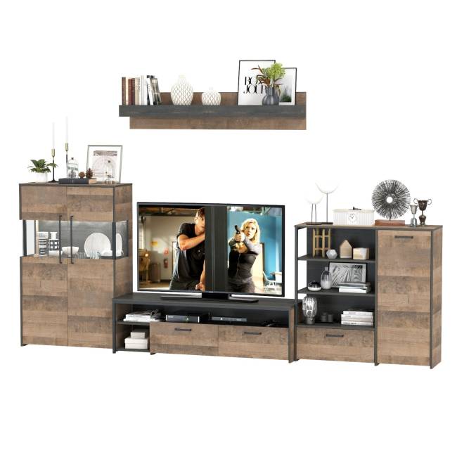 Стенка в гостиную с подсветкой в стиле лофт Трувор № 53 цвет дуб гранж песочный/интра Стенка в гостиную с подсветкой в стиле лофт Трувор № 53 цвет дуб гранж песочный/интра