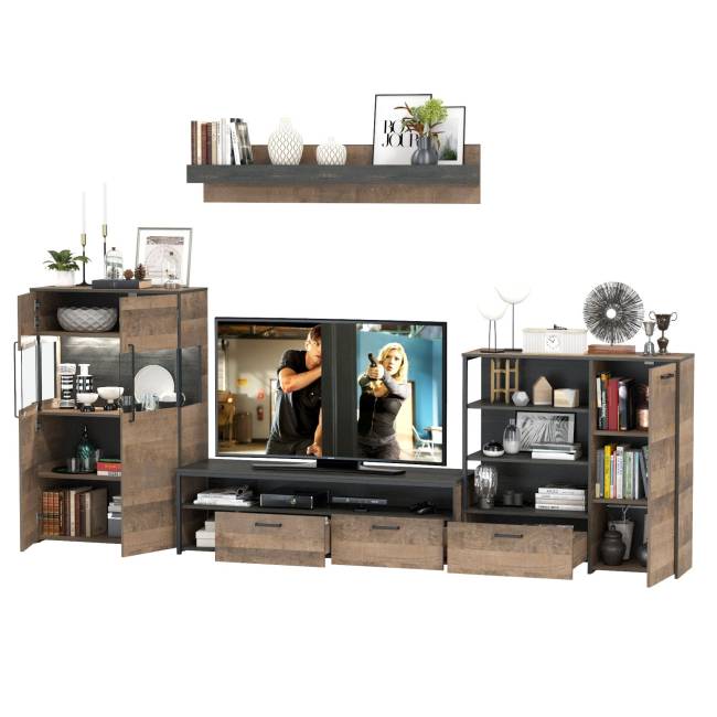 Стенка в гостиную с подсветкой в стиле лофт Трувор № 53 цвет дуб гранж песочный/интра Стенка в гостиную с подсветкой в стиле лофт Трувор № 53 цвет дуб гранж песочный/интра