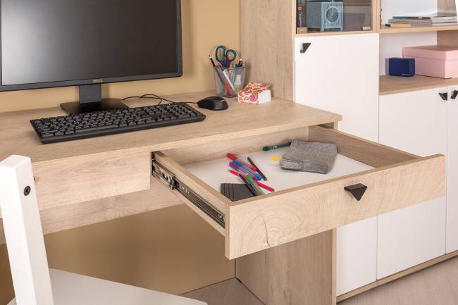 Компьютерный стол с полкой и стеллажом со стеклом Бостон цвет дуб эндгрейн элегантный/фасады МДФ милк рикамо софт