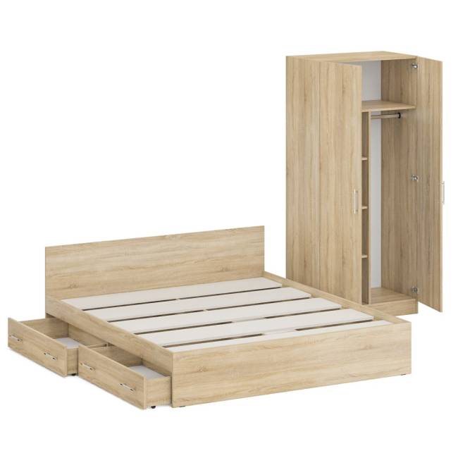 Двуспальная кровать с ящиками 1800 со шкафом для одежды 2-х створчатым Стандарт цвет дуб сонома Двуспальная кровать с ящиками 1800 со шкафом для одежды 2-х створчатым Стандарт цвет дуб сонома