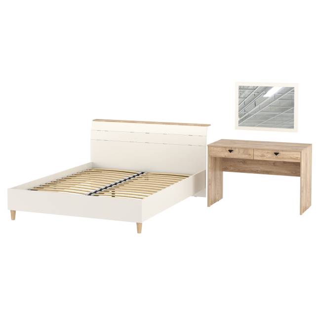 Двуспальная кровать на 1600 Муссон 11.41 с основанием и столиком с зеркалом цвет белый/дуб эндгрейн элегантный Двуспальная кровать на 1600 Муссон 11.41 с основанием и столиком с зеркалом цвет белый/дуб эндгрейн элегантный